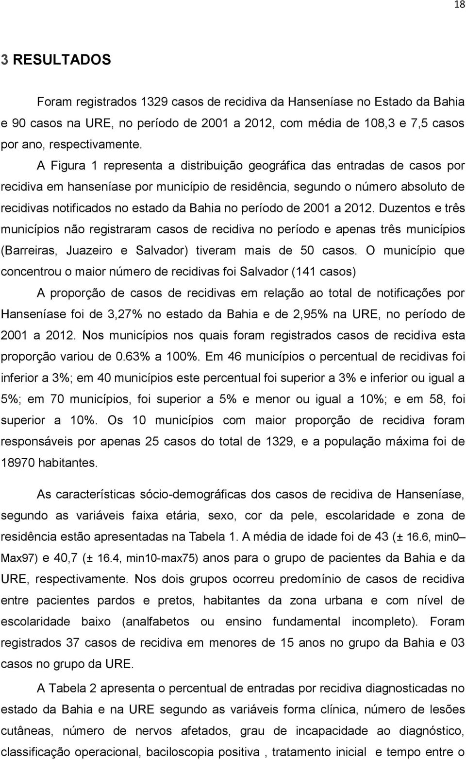 período de 2001 a 2012. Duzentos e três municípios não registraram casos de recidiva no período e apenas três municípios (Barreiras, Juazeiro e Salvador) tiveram mais de 50 casos.