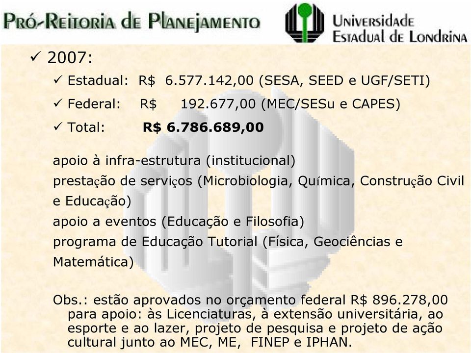 (Educação e Filosofia) programa de Educação Tutorial (Física, Geociências e Matemática) Obs.: estão aprovados no orçamento federal R$ 896.