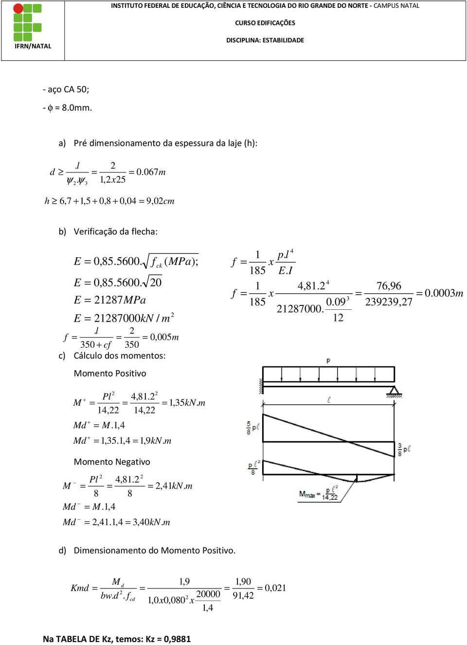 0, 005m 350 + c 350 c) Cácuo dos momentos: ck ( MPa); 4 1 p. 185 E. I 4 1 4,81. 185 0.09 187000. 1 3 76,96 3939,7 0.