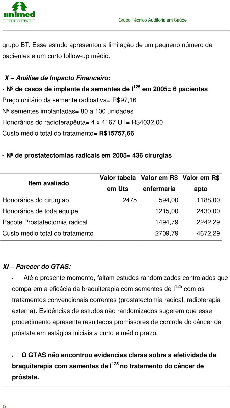 radioterapêuta= 4 x 4167 UT= R$432, Custo médio total do tratamento= R$177,66 - Nº de prostatectomias radicais em 2= 436 cirurgias Item avaliado Valor tabela Valor em R$ Valor em R$ em Uts enfermaria