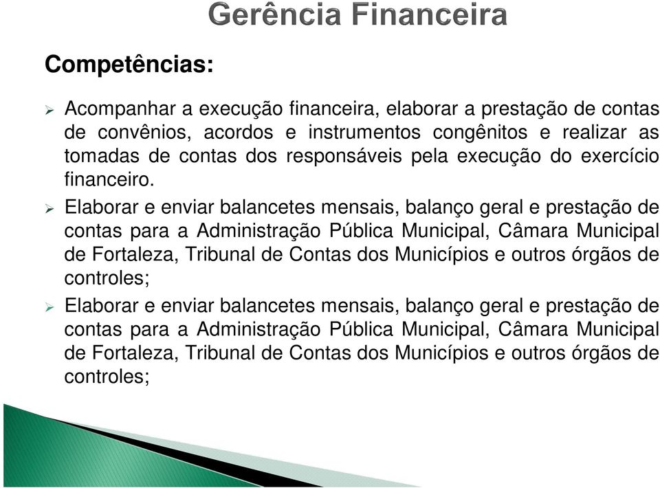 Elaborar e enviar balancetes mensais, balanço geral e prestação de contas para a Administração Pública Municipal, Câmara Municipal de Fortaleza, Tribunal