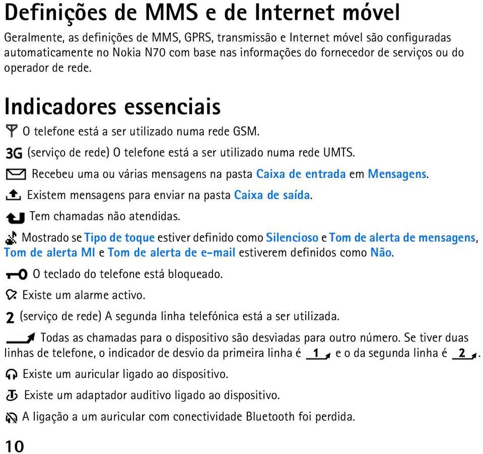 Recebeu uma ou várias mensagens na pasta Caixa de entrada em Mensagens. Existem mensagens para enviar na pasta Caixa de saída. Tem chamadas não atendidas.