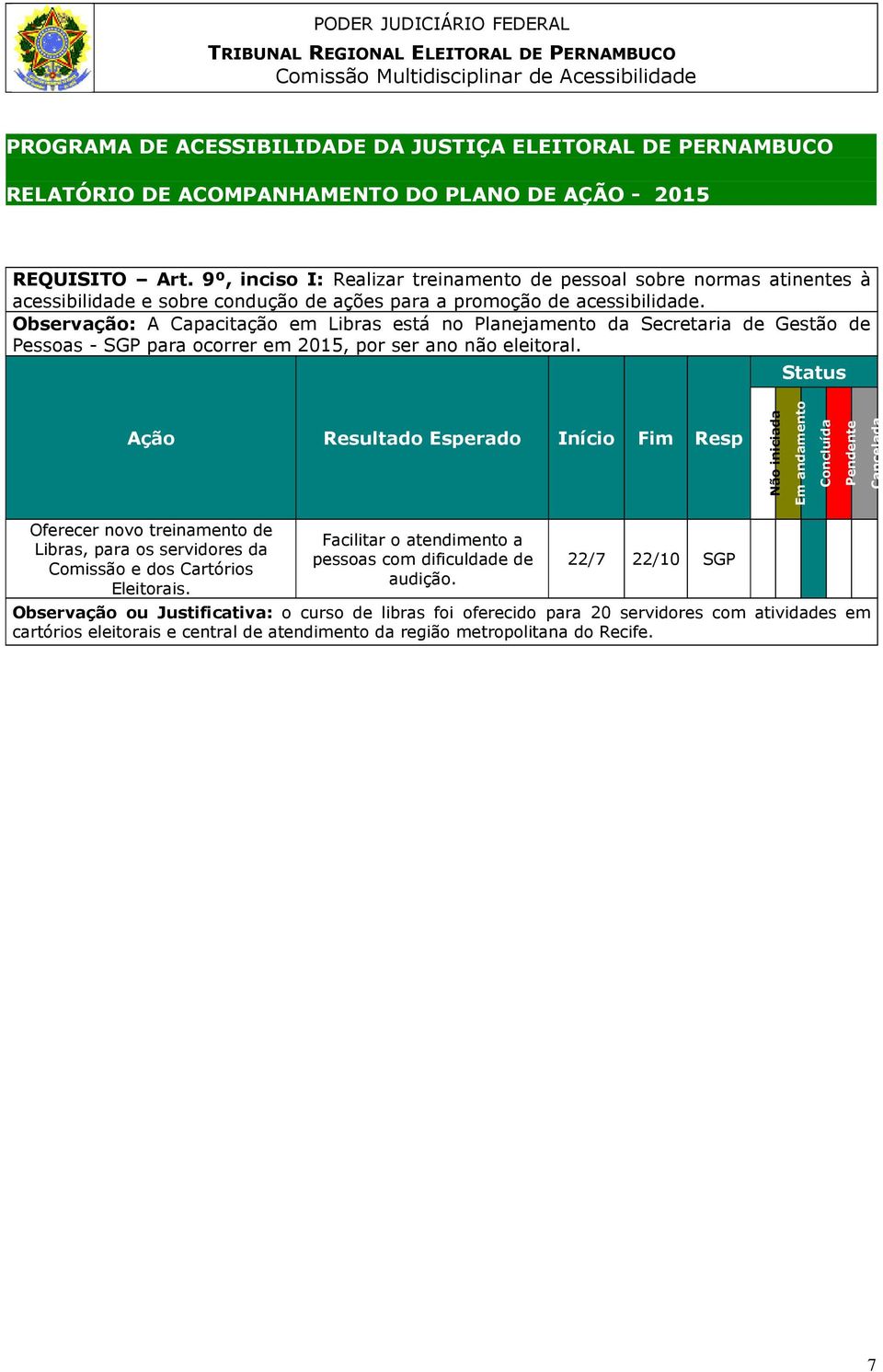 Oferecer novo treinamento de Libras, para os servidores da Comissão e dos Cartórios Eleitorais. Facilitar o atendimento a pessoas com dificuldade de audição.