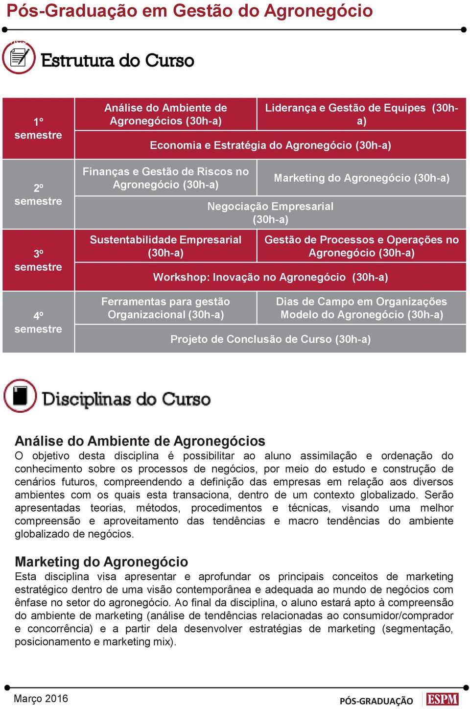 Ferramentas para gestão Organizacional (30h-a) Dias de Campo em Organizações Modelo do Agronegócio (30h-a) Projeto de Conclusão de Curso (30h-a) Análise do Ambiente de Agronegócios O objetivo desta