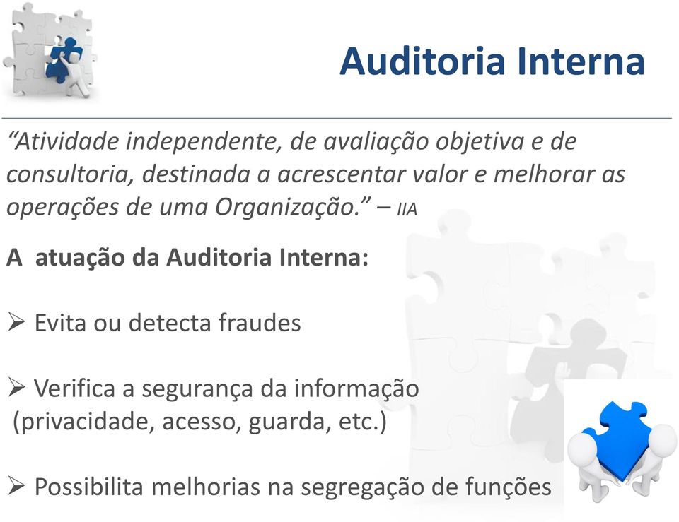 IIA A atuação da Auditoria Interna: Evita ou detecta fraudes Verifica a segurança