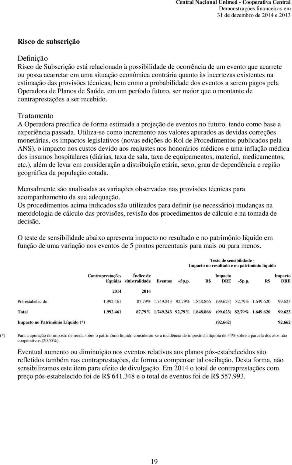 contraprestações a ser recebido. Tratamento A Operadora precifica de forma estimada a projeção de eventos no futuro, tendo como base a experiência passada.