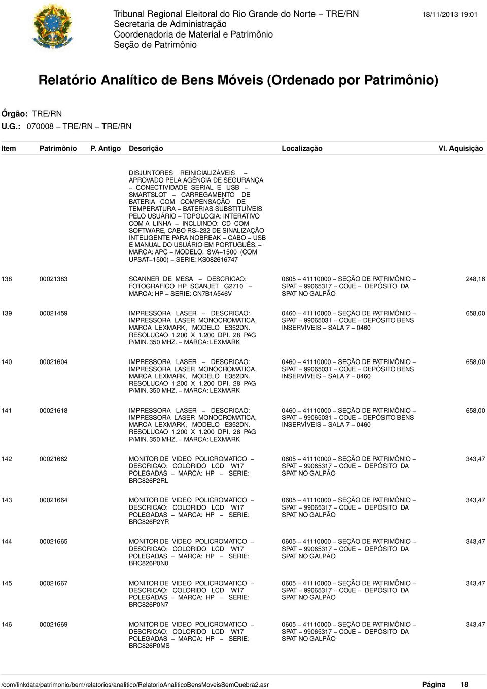 MARCA: APC MODELO: SVA 1500 (COM UPSAT 1500) SERIE: KS082616747 138 00021383 SCANNER DE MESA DESCRICAO: 0605 41110000 SEÇÃO DE PATRIMÔNIO 248,16 FOTOGRAFICO HP SCANJET G2710 MARCA: HP SERIE: