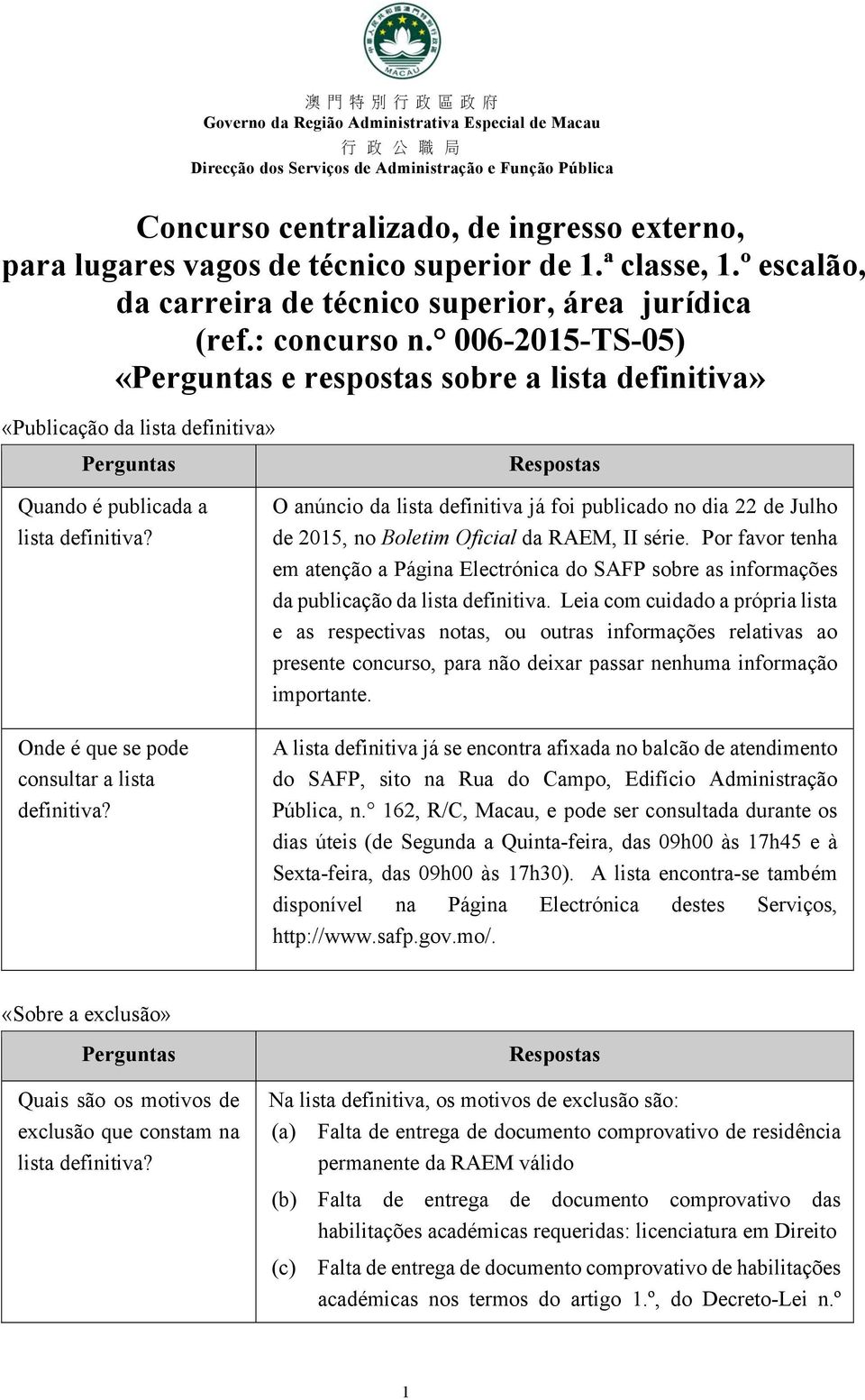 O anúncio da lista definitiva já foi publicado no dia 22 de Julho de 2015, no Boletim Oficial da RAEM, II série.