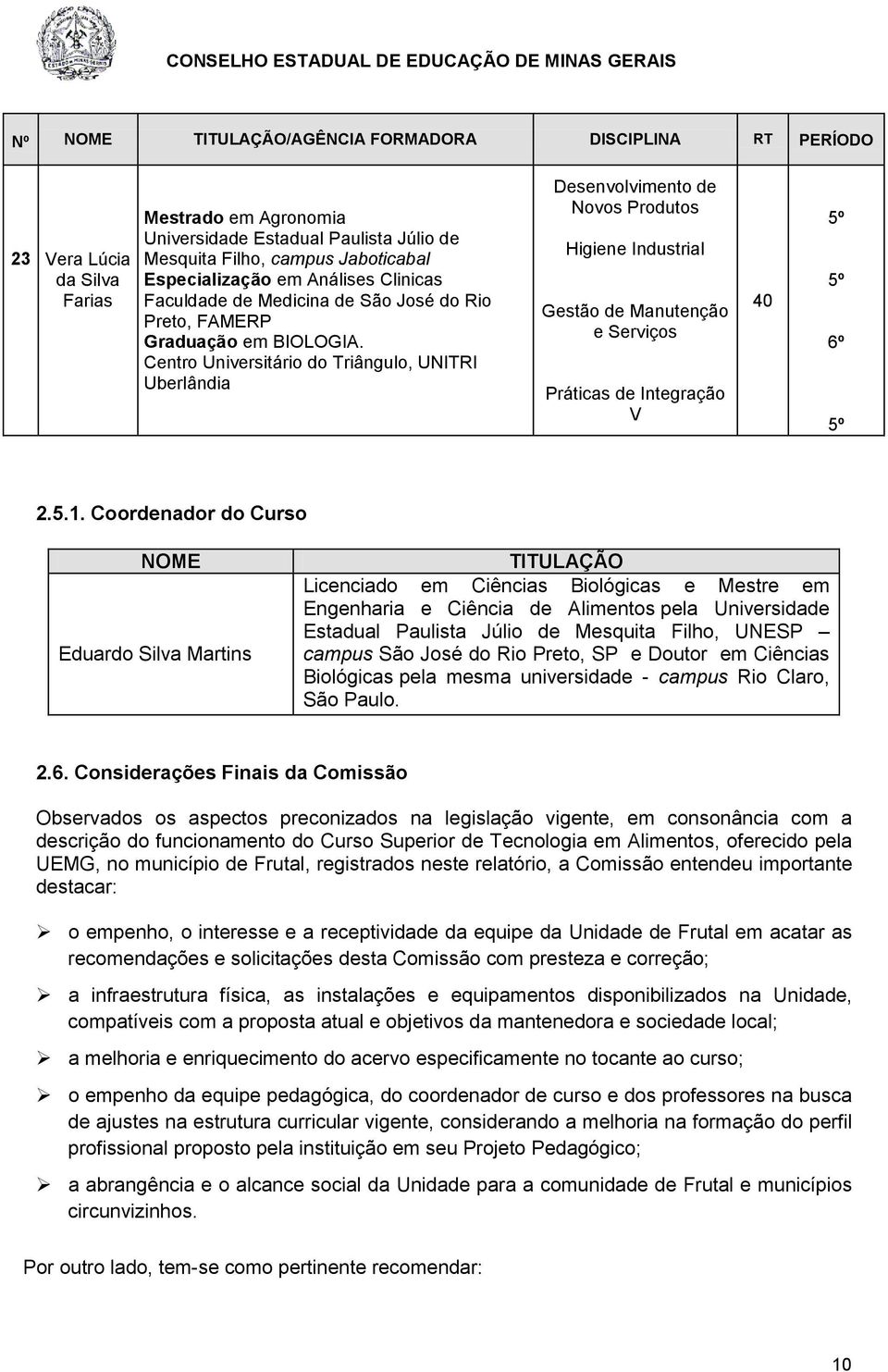 Coordenador do Curso NOME Eduardo Silva Martins TITULÇÃO Licenciado em Ciências Biológicas e Mestre em Engenharia e Ciência de limentos pela Universidade Estadual Paulista Júlio de Mesquita Filho,