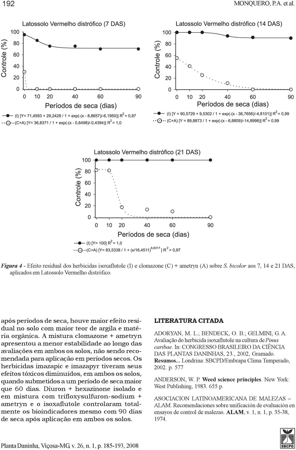 A mistura clomazone + ametryn apresentou a menor estabilidade ao longo das avaliações em ambos os solos, não sendo recomendada para aplicação em períodos secos.