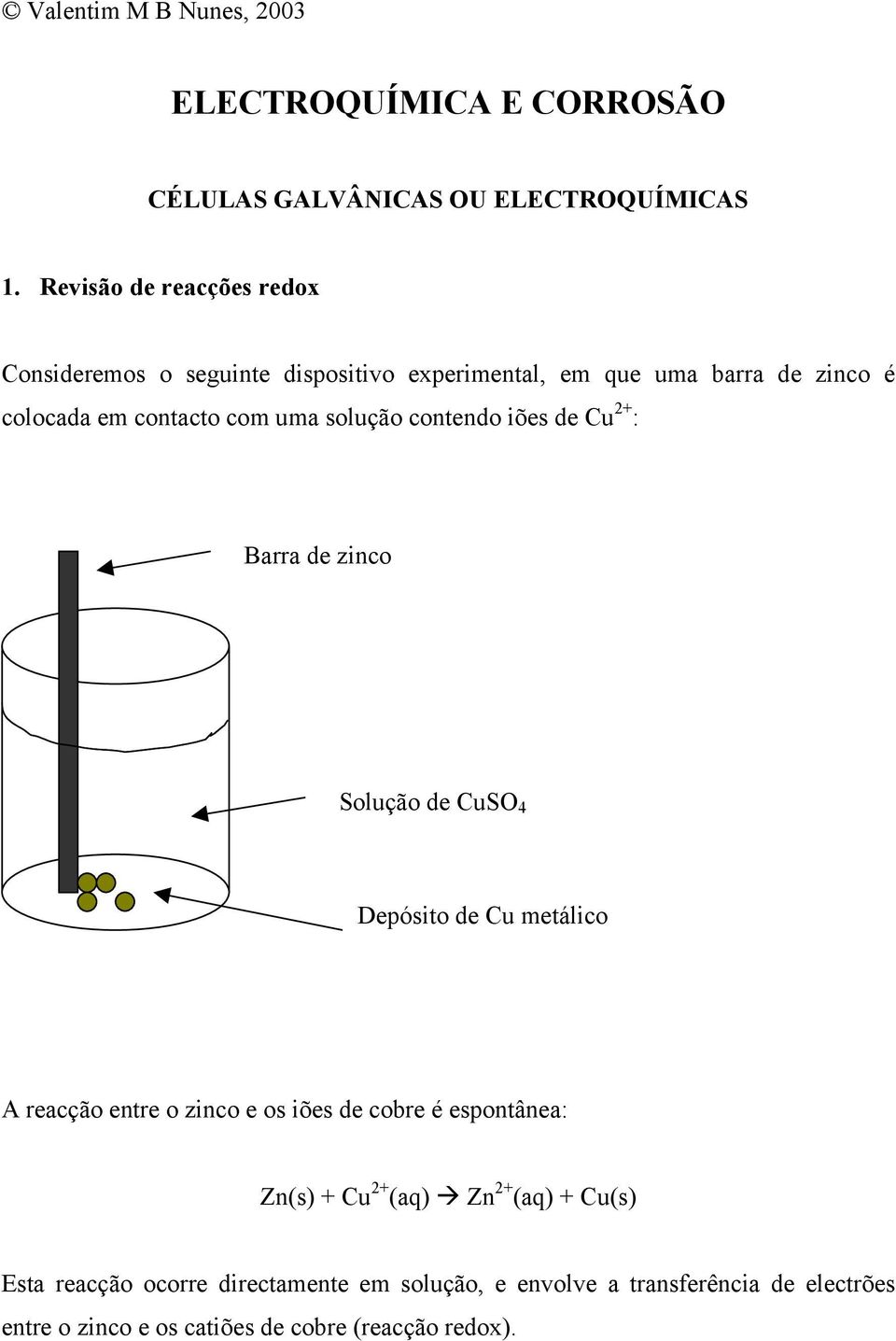 solução contendo iões de Cu 2+ : Barra de zinco Solução de CuSO 4 Depósito de Cu metálico A reacção entre o zinco e os iões de cobre é