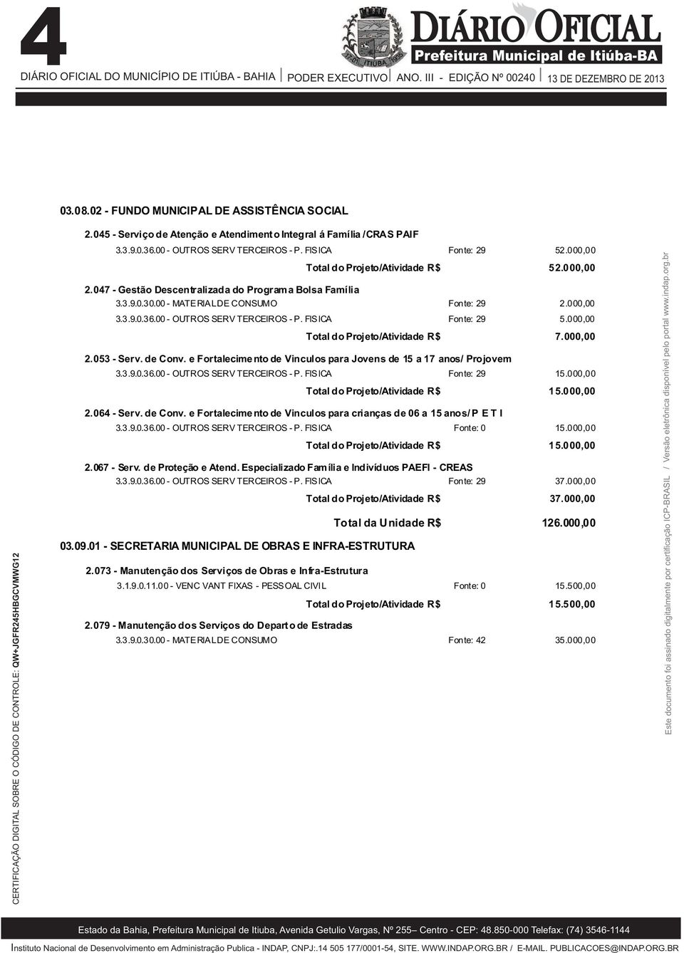 00 - OUTROS SERV TERCEIROS - P. FISICA Fonte: 29 5.000,00 Total do Projeto/Atividade R$ 7.000,00 2.053 - Serv. de Conv. e Fortalecimento de Vinculos para Jovens de 15 a 17 anos/ Projovem 3.3.9.0.36.