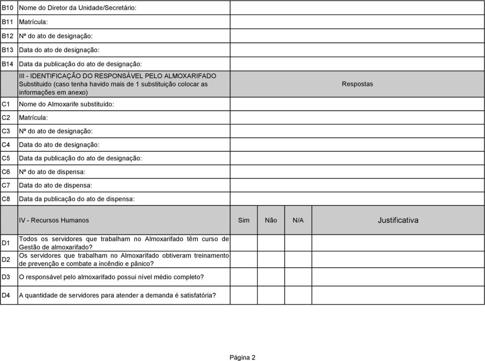 designação: Data do ato de designação: Data da publicação do ato de designação: Nº do ato de dispensa: Data do ato de dispensa: Data da publicação do ato de dispensa: Respostas IV - Recursos Humanos