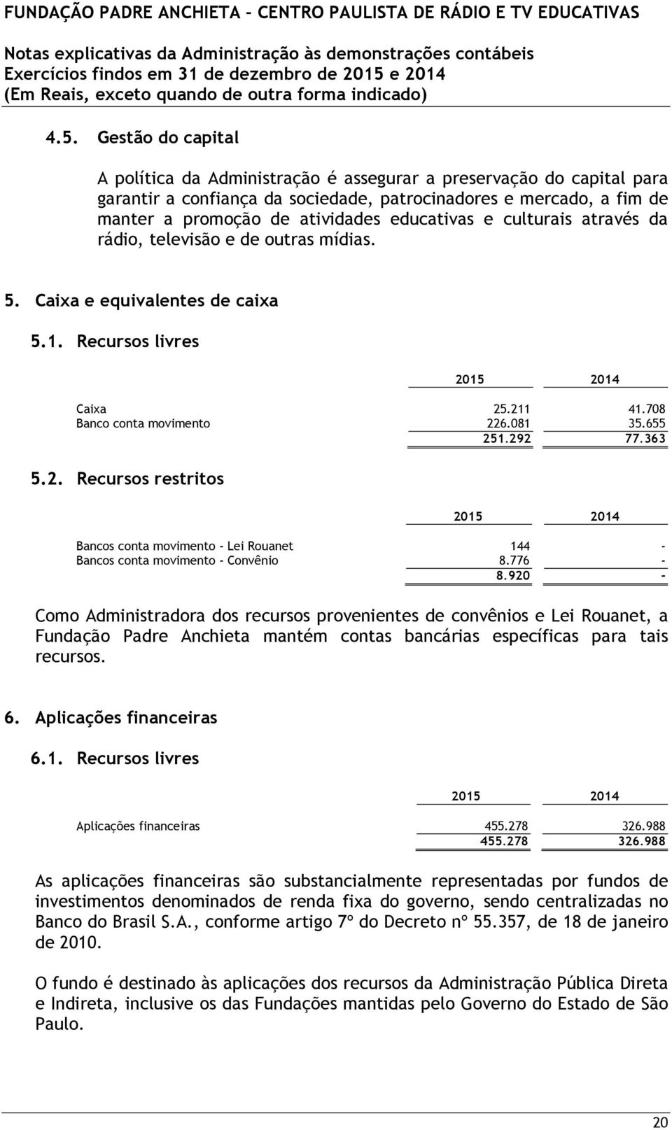 2. Recursos restritos Bancos conta movimento - Lei Rouanet 144 - Bancos conta movimento - Convênio 8.776-8.