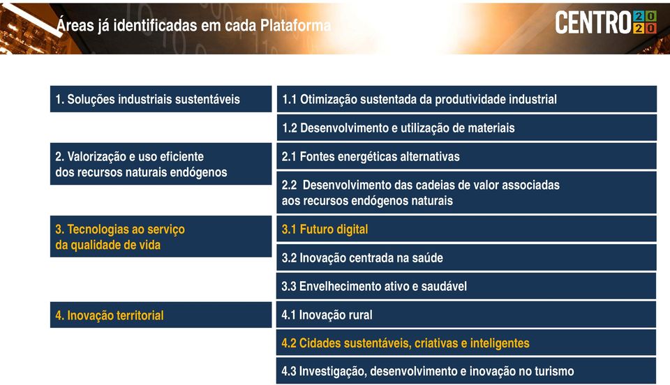 1 Fontes energéticas alternativas 2.2 Desenvolvimento das cadeias de valor associadas aos recursos endógenos naturais 3.1 Futuro digital 3.