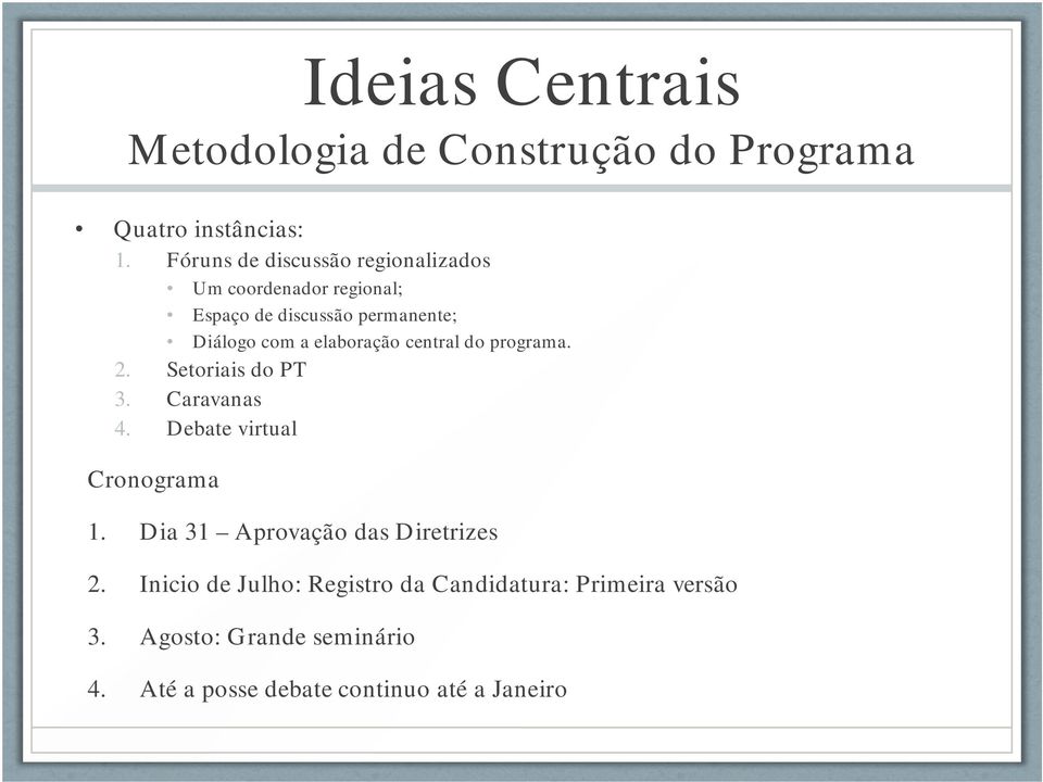 elaboração central do programa. 2. Setoriais do PT 3. Caravanas 4. Debate virtual Cronograma 1.