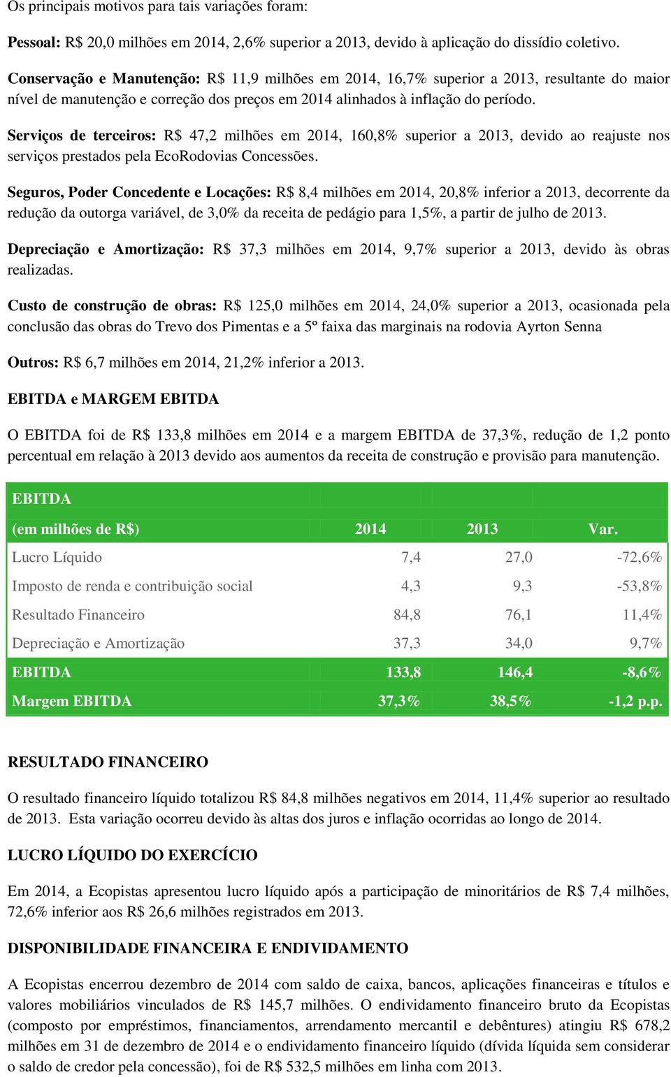 Serviços de terceiros: R$ 47,2 milhões em 2014, 160,8% superior a 2013, devido ao reajuste nos serviços prestados pela EcoRodovias Concessões.