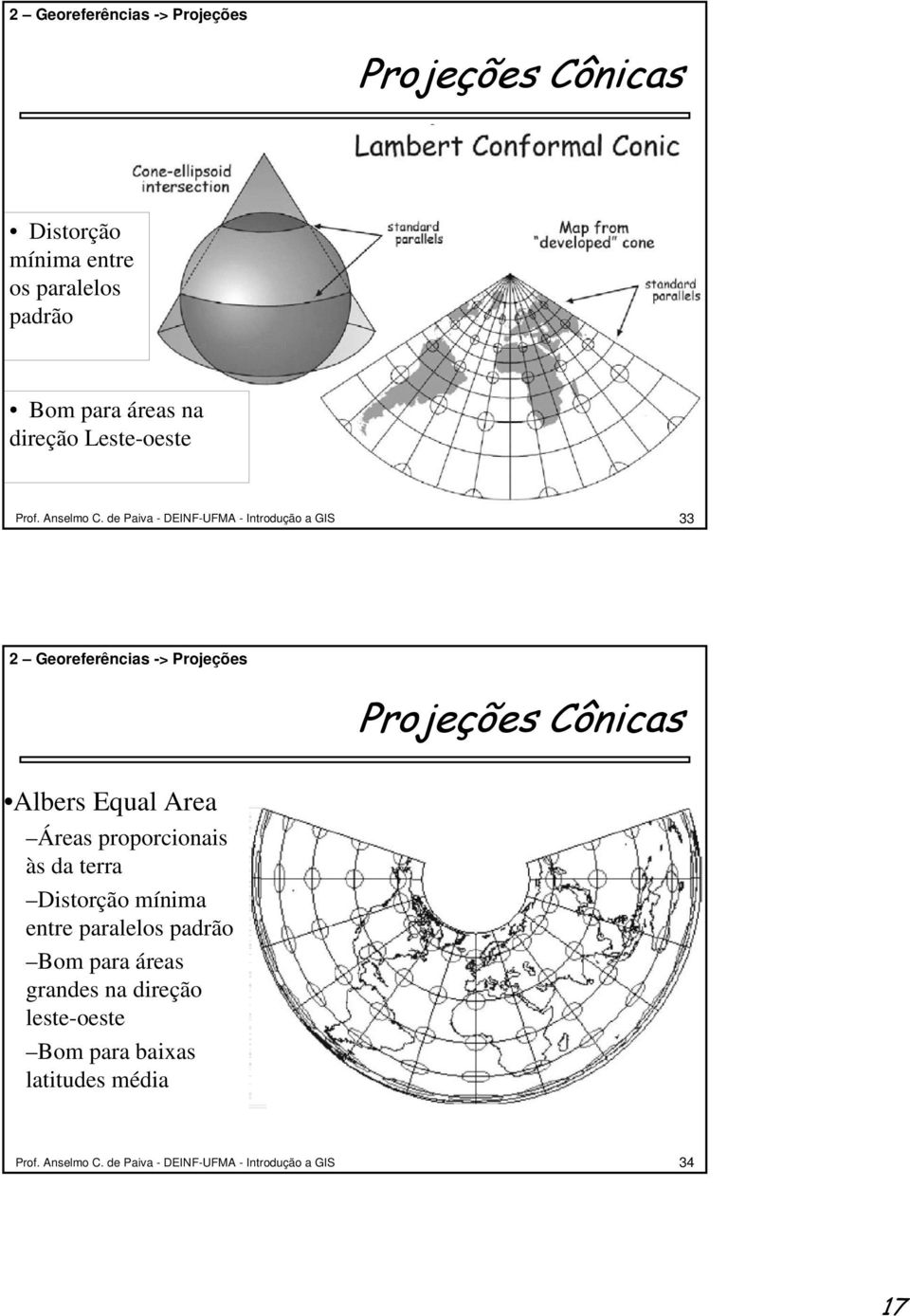 de Paiva - DEINF-UFMA - Introdução a GIS 33 2 Georeferências -> Projeções Projeções Cônicas Albers Equal Area Áreas
