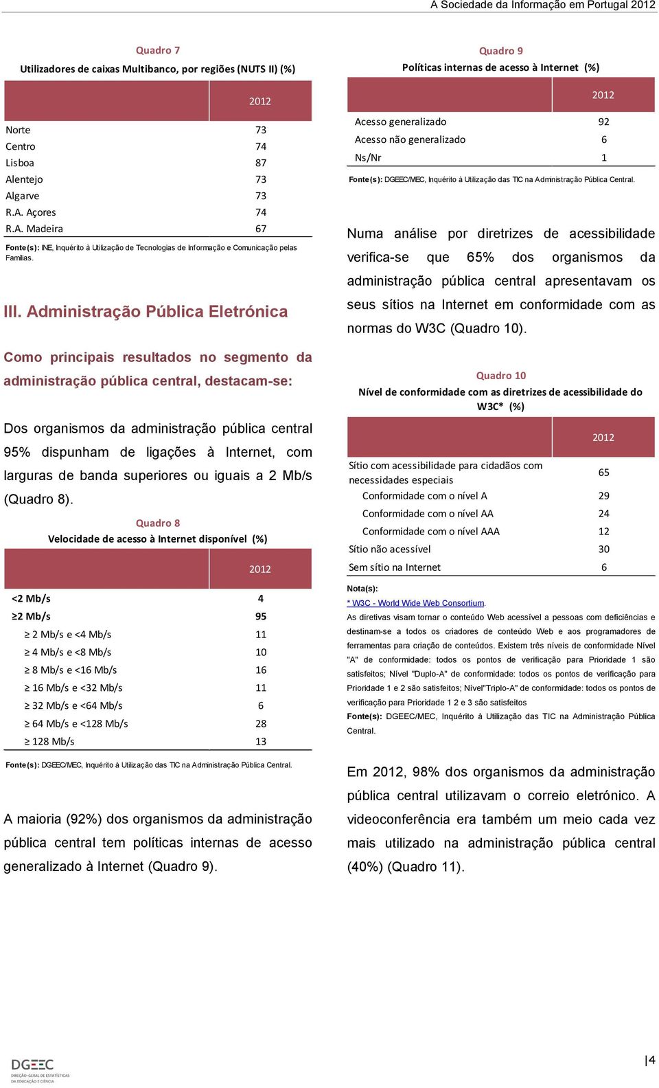 Internet, com larguras de banda superiores ou iguais a 2 Mb/s (Quadro 8).