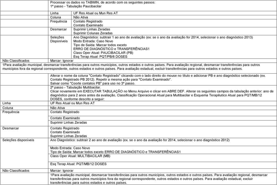 Modo Entrada: Caso Novo Tipo de Saída: Marcar todos exceto ERRO DE DIAGNÓSTICO e TRANSFERÊNCIAS1 Class Oper Atual: PAUCIBACILAR (PB) Esq Terap Atual: PQT/PB/6 DOSES Não Classificados Marcar: Ignorar