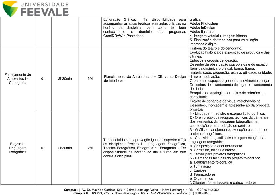 Planejamento de Ambientes 1 CE. curso Design de Interiores. as disciplinas Projeto I Linguagem Fotográfica, Técnica Fotográfica, Fotografia ou Fotografia I.