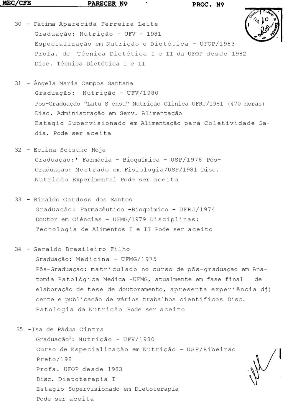 Alimentação Estagio Supervisionado em Alimentação para Coletividade Sadia. 32 - Eclina Setsuko Hojo Graduação:' Farmácia - Bioquímica - USP/1978 Pós- Graduaçao: Mestrado em Fisiologia/USP/1981 Disc.