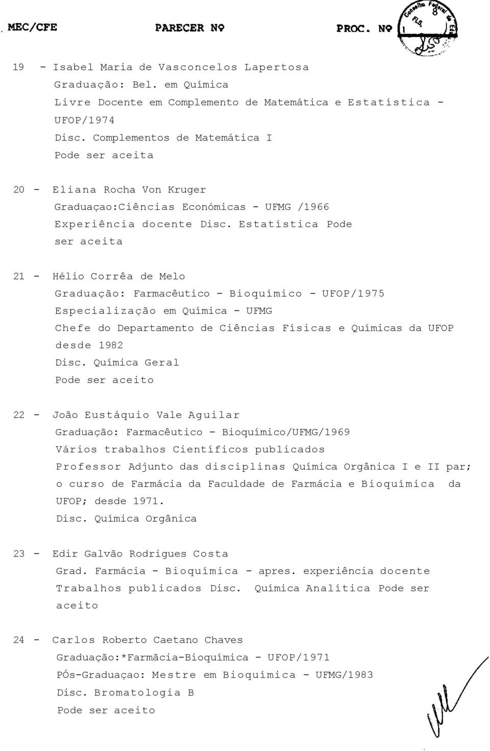 Estatística Pode ser aceita 21 - Hélio Corrêa de Melo Graduação: Farmacêutico - Bioquímico - UFOP/1975 Especialização em Química - UFMG Chefe do Departamento de Ciências Físicas e Químicas da UFOP