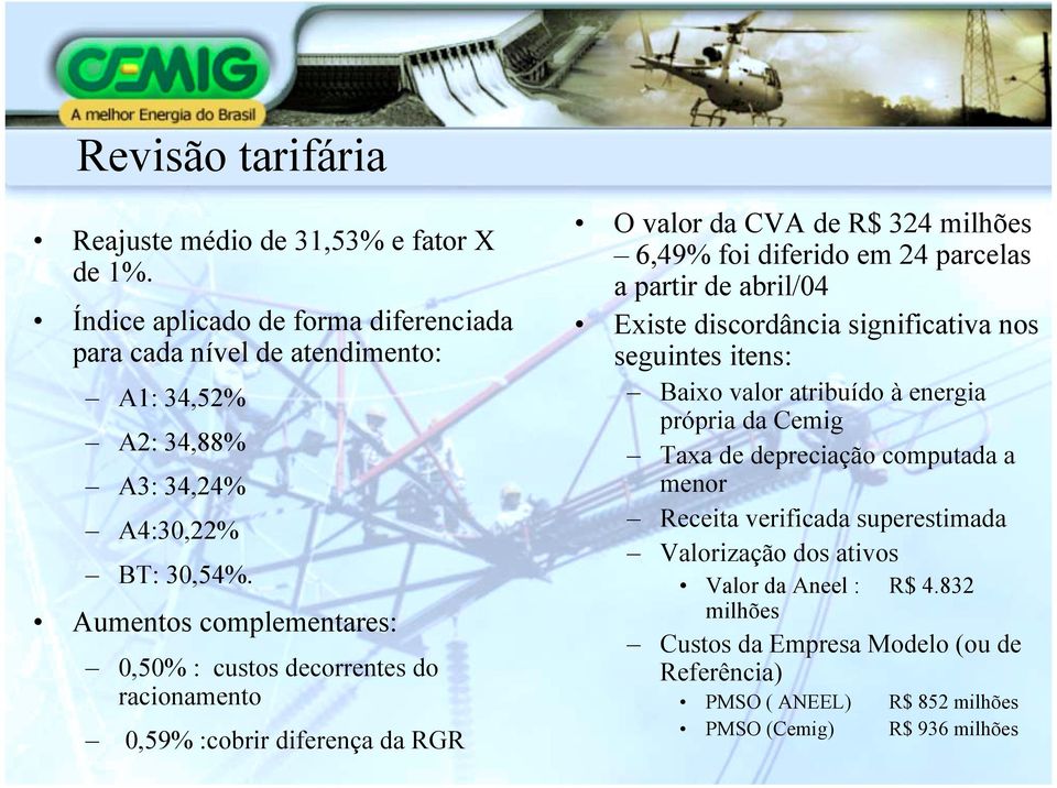 Aumentos complementares: 0,50% : custos decorrentes do racionamento 0,59% :cobrir diferença da RGR O valor da CVA de R$ 324 milhões 6,49% foi diferido em 24 parcelas a partir