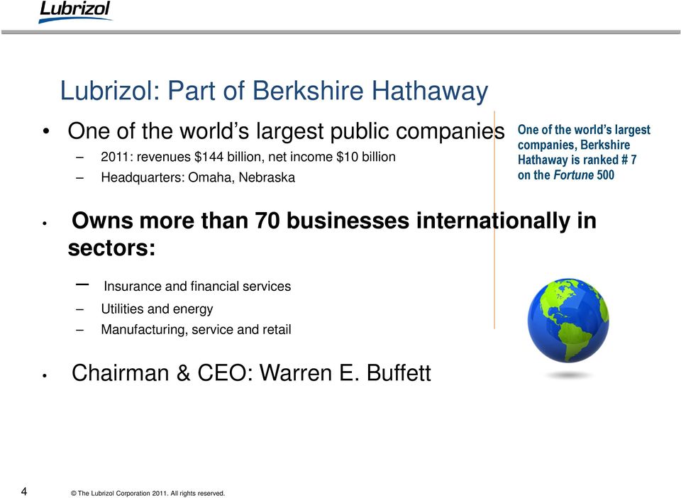 Berkshire Hathaway is ranked # 7 on the Fortune 500 Owns more than 70 businesses internationally in sectors: