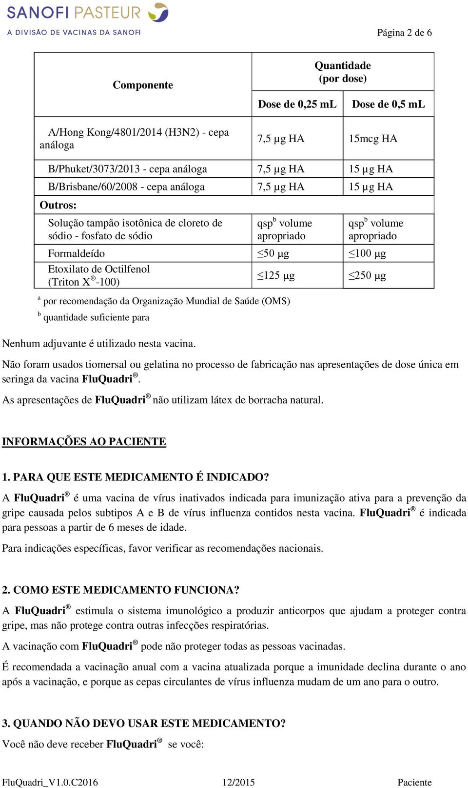 Etoxilato de Octilfenol (Triton X -100) 125 µg 250 µg a por recomendação da Organização Mundial de Saúde (OMS) b quantidade suficiente para Nenhum adjuvante é utilizado nesta vacina.