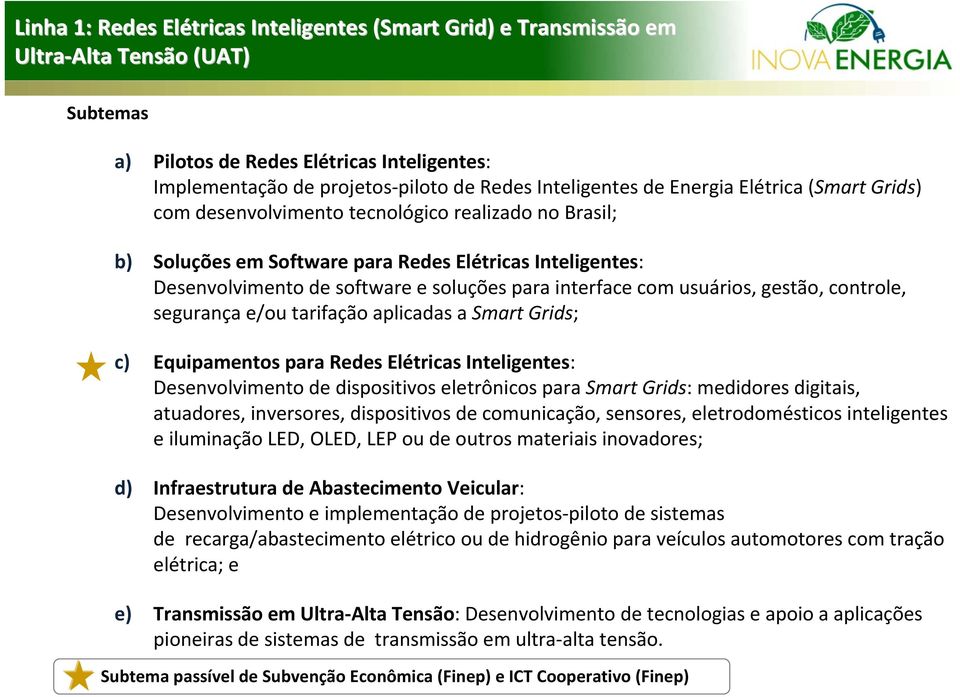 com usuários, gestão, controle, segurança e/ou tarifação aplicadas a Smart Grids; c) Equipamentos para Redes Elétricas Inteligentes: Desenvolvimento de dispositivos eletrônicos para Smart Grids: