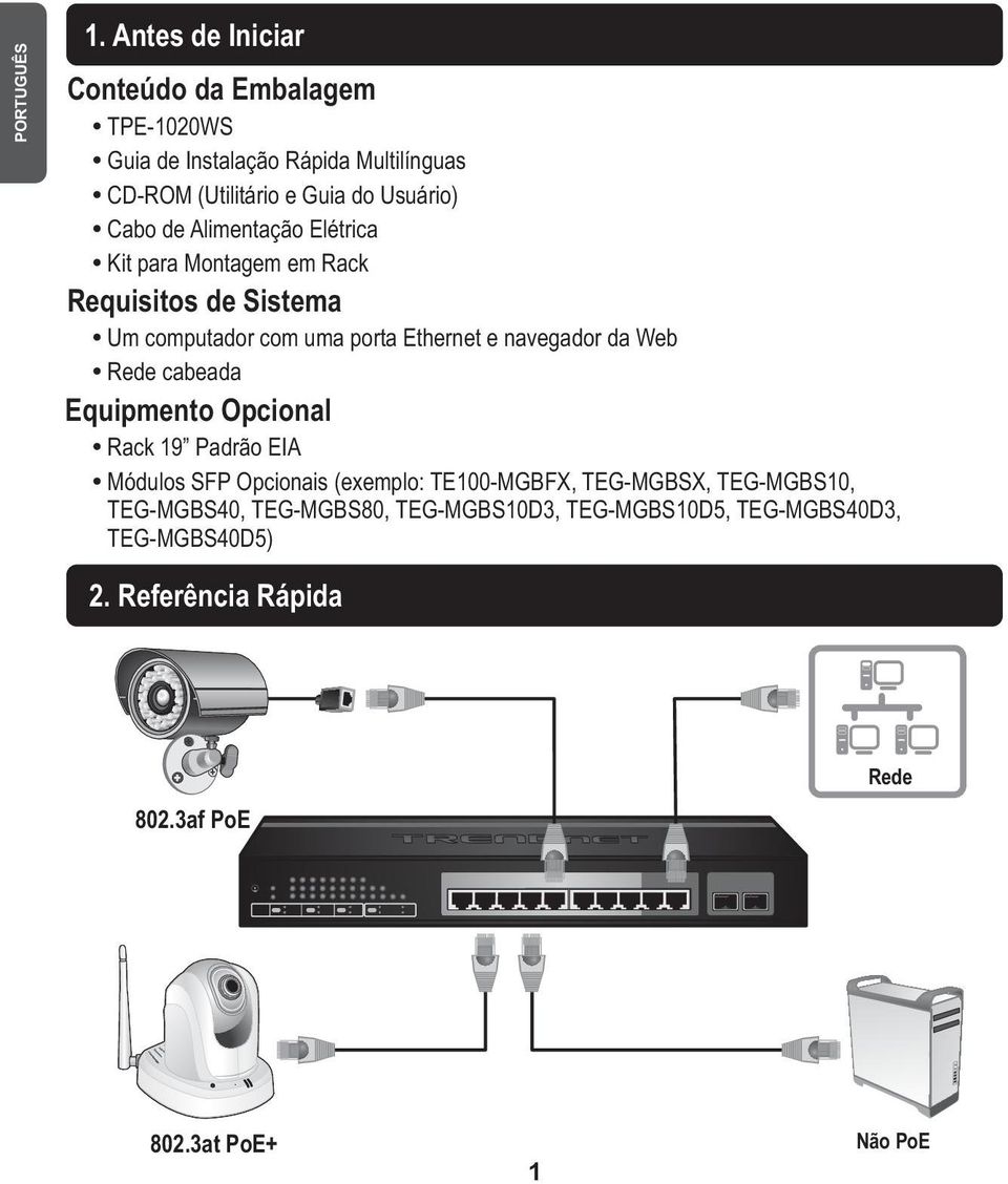 Cabo de Alimentação Elétrica Ÿ Kit para Montagem em Rack Requisitos de Sistema Ÿ Um computador com uma porta Ethernet e navegador da Web