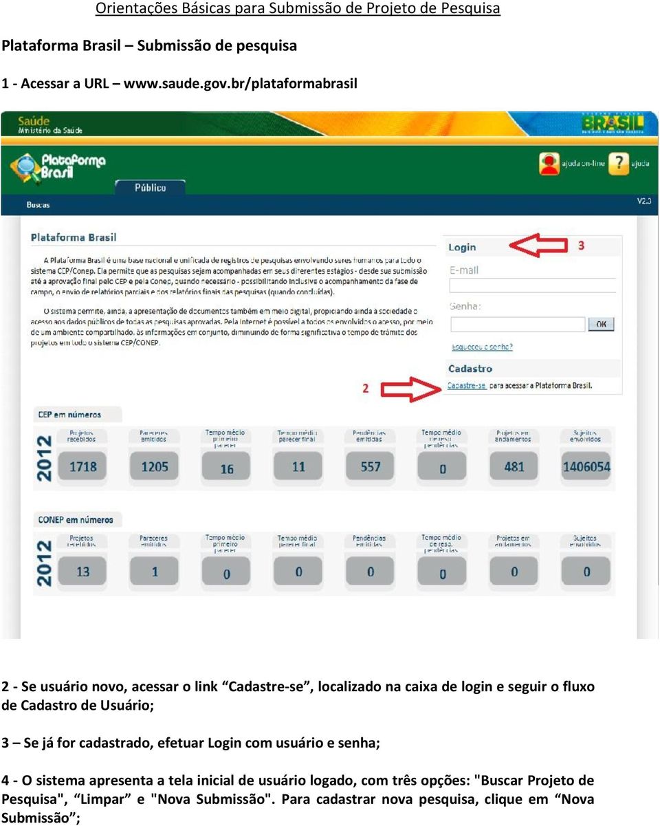 Cadastro de Usuário; 3 Se já for cadastrado, efetuar Login com usuário e senha; 4 - O sistema apresenta a tela inicial de