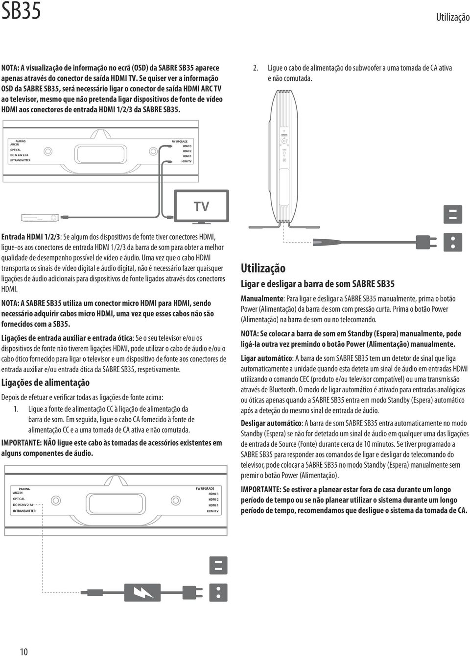 entrada HDMI 1/2/3 da SABRE SB35. 2. Ligue o cabo de alimentação do subwoofer a uma tomada de CA ativa e não comutada. PAIRING AUX IN OPTICAL DC IN 24V 2.
