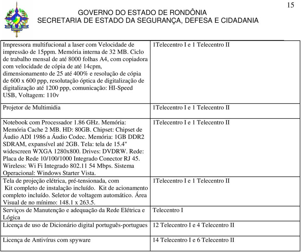 digitalização de digitalização até 1200 ppp, comunicação: HI-Speed USB, Voltagem: 110v Projetor de Multimidia 1Telecentro I e 1 Telecentro II 1Telecentro I e 1 Telecentro II Notebook com Processador