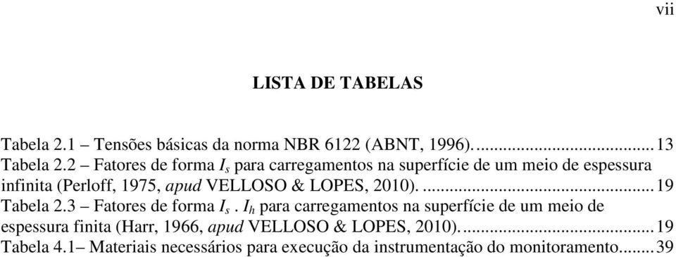 & LOPES, 2010).... 19 Tabela 2.3 Fatores de forma I s.