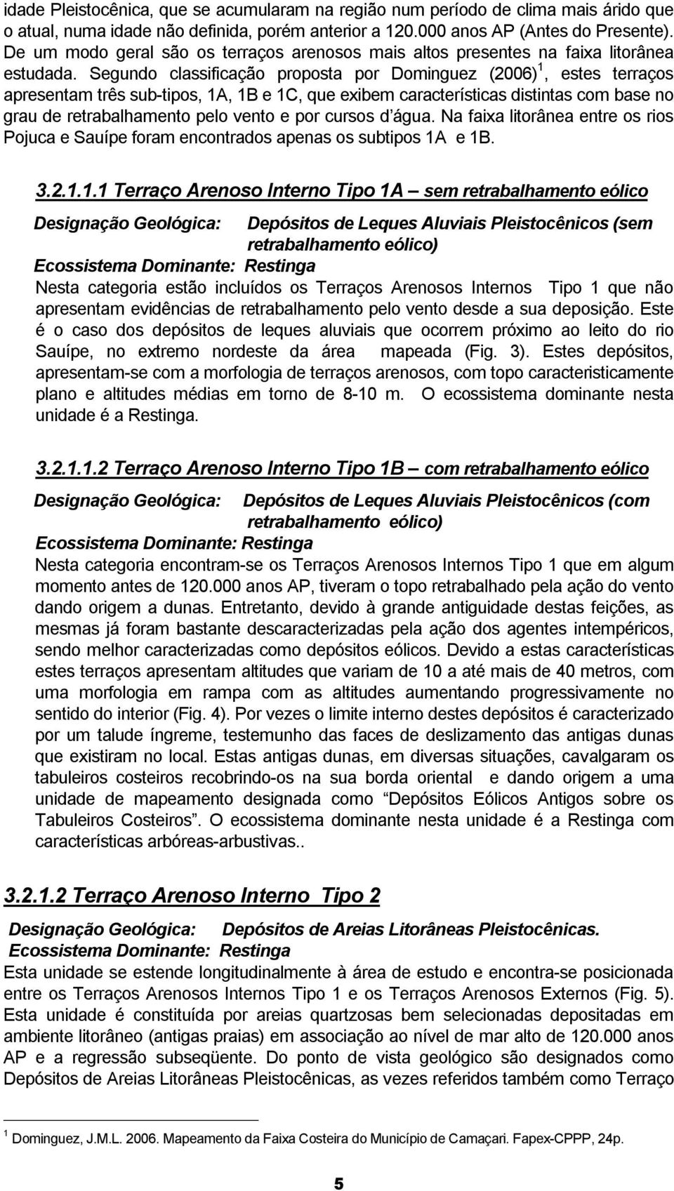 Segundo classificação proposta por Dominguez (2006) 1, estes terraços apresentam três sub-tipos, 1A, 1B e 1C, que exibem características distintas com base no grau de retrabalhamento pelo vento e por