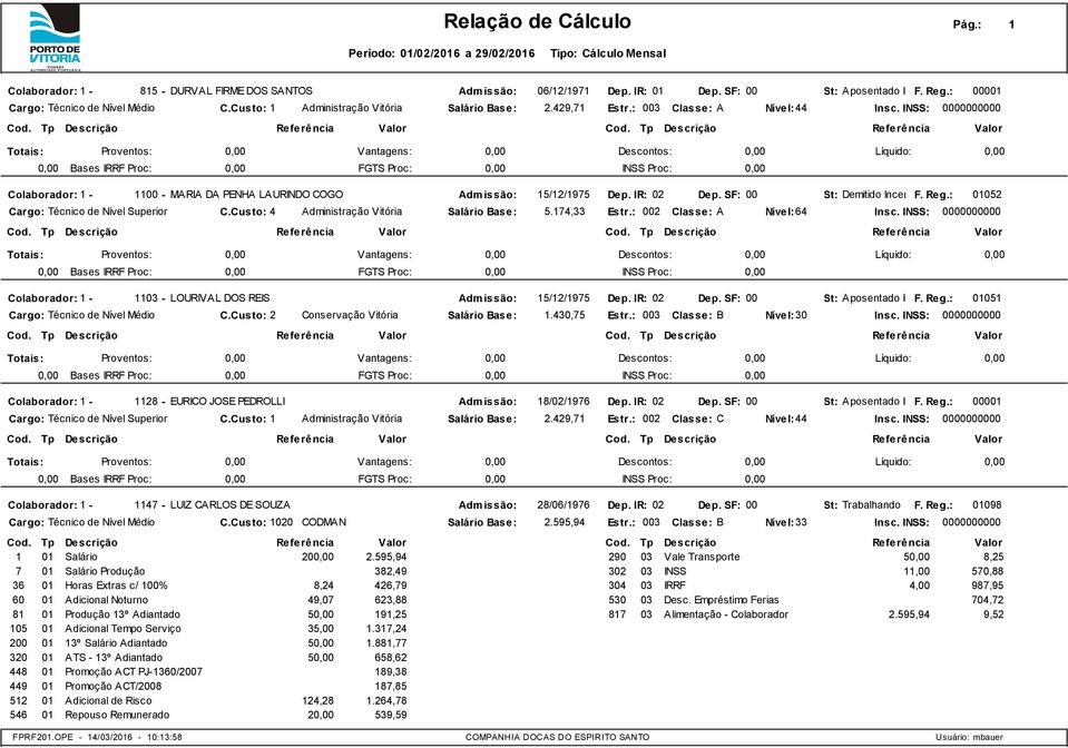 : 002 Classe: A St: Demitido Incentivo F. Reg.: 01052 Nível: 64 Descontos: Líquido: Colaborador: 1-1103- LOURIVAL DOS REIS 15/12/1975 C.Custo: 2 Conservação Vitória Salário Base: 1.430,75 Estr.