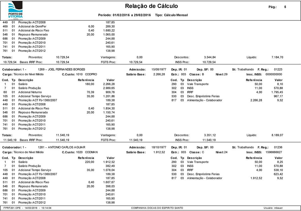 266,28 290 03 Vale Transporte 5 8,10 2.989,65 302 03 INSS 60 01 Adicional Noturno 70,39 909,76 304 03 IRRF 4,00 1.795,45 105 01 Adicional Tempo Serviço 35,00 1.201,86 530 03 Desc.