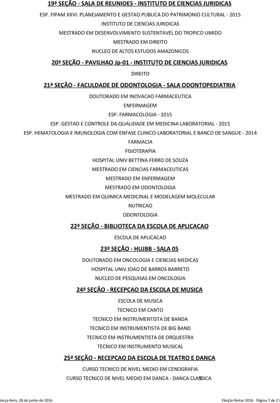 ESTUDOS AMAZONICOS 20ª SEÇÃO - PAVILHAO Jp-01 - INSTITUTO DE CIENCIAS JURIDICAS DIREITO 21ª SEÇÃO - FACULDADE DE ODONTOLOGIA - SALA ODONTOPEDIATRIA DOUTORADO EM INOVACAO FARMACEUTICA ENFERMAGEM ESP.