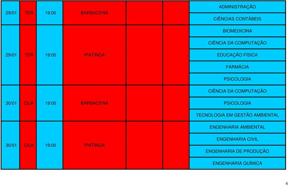 30/01 QUA 19:00 BARBACENA PSICOLOGIA ENGENHARIA AMBIENTAL 30/01 QUA