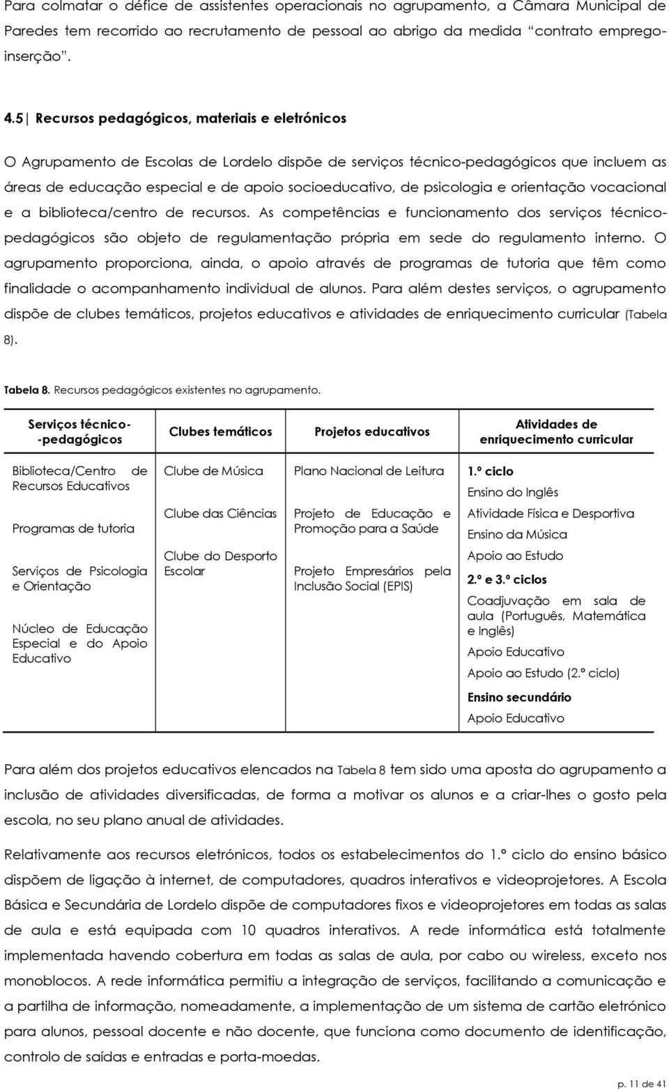 psicologia e orientação vocacional e a biblioteca/centro de recursos.