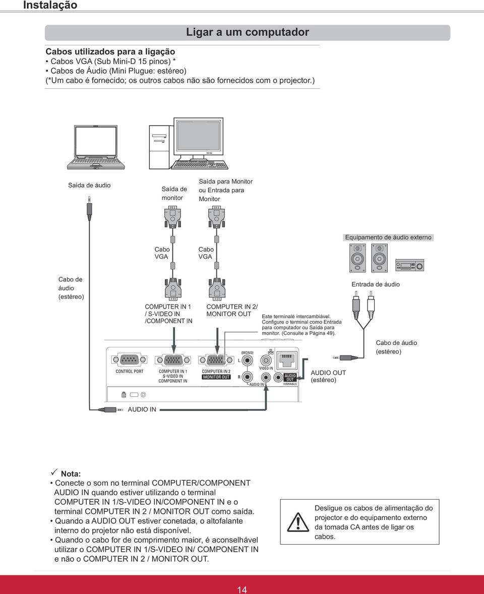 Configure o terminal como Entrada para computador ou Saída para Entrada de áudio Cabo de áudio (estéreo) (estéreo) Nota: