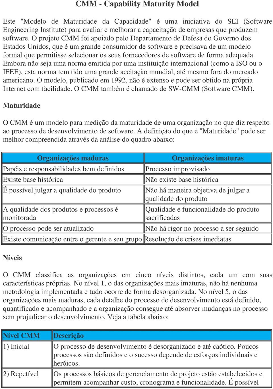 O projeto CMM foi apoiado pelo Departamento de Defesa do Governo dos Estados Unidos, que é um grande consumidor de software e precisava de um modelo formal que permitisse selecionar os seus