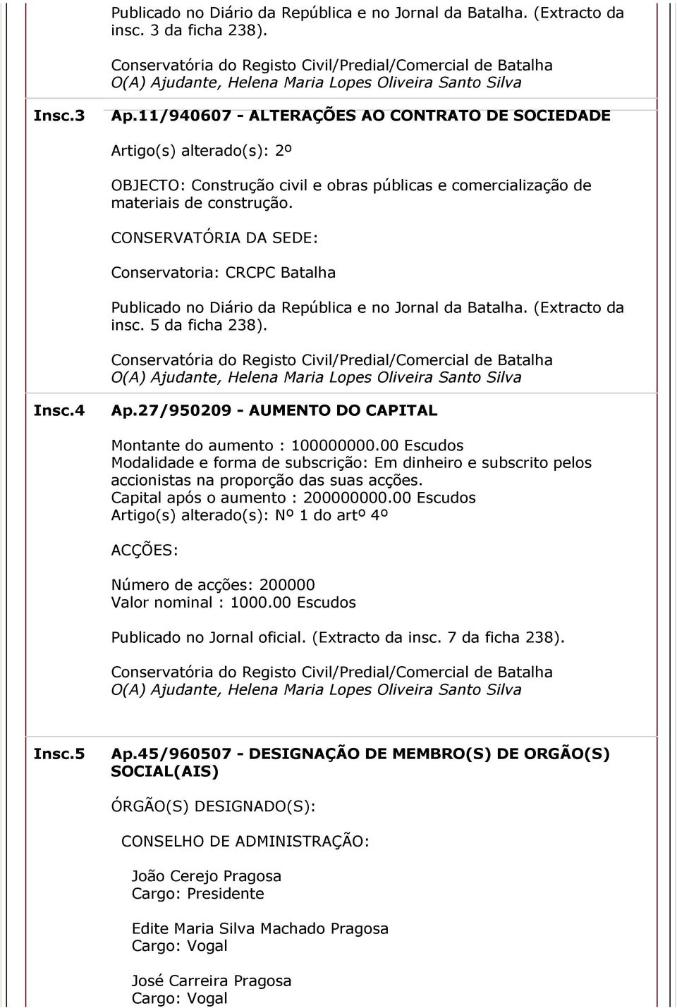 CONSERVATÓRIA DA SEDE: Conservatoria: CRCPC Batalha Publicado no Diário da República e no Jornal da Batalha. (Extracto da insc. 5 da ficha 238).