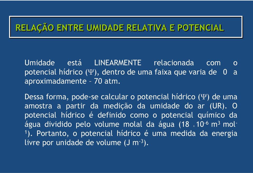 Dessa forma, pode-se calcular o potencial hídrico (Ψ) de uma amostra a partir da medição da umidade do ar (UR).