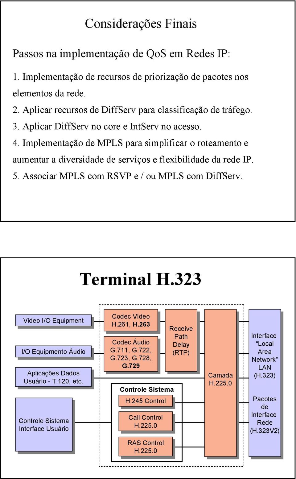 Implementação de MPLS para simplificar o roteamento e aumentar a diversidade de serviços e flexibilidade da rede IP. 5. Associar MPLS com RSVP e / ou MPLS com DiffServ. Terminal H.