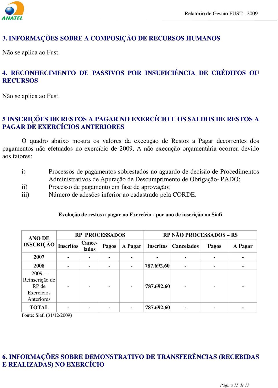 valores da execução de Restos a Pagar decorrentes dos pagamentos não efetuados no exercício de 2009.