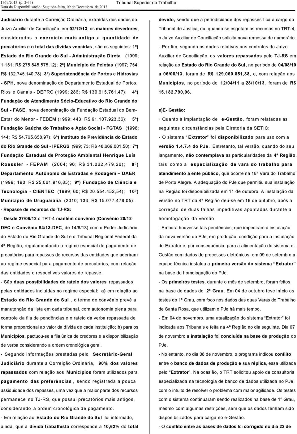 140,78); 3º) Superintendência de Portos e Hidrovias - SPH, nova denominação do Departamento Estadual de Portos, Rios e Canais - DEPRC (1999; 286; R$ 130.615.
