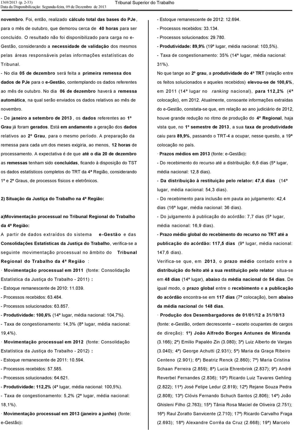 - No dia 05 de dezembro será feita a primeira remessa dos dados de PJe para o e-gestão, contemplando os dados referentes ao mês de outubro.